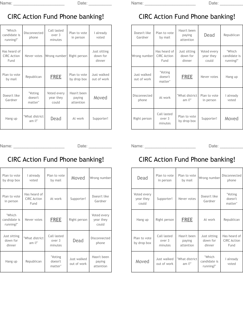 CIRC Action Fund Phone banking!  Bingo Cards