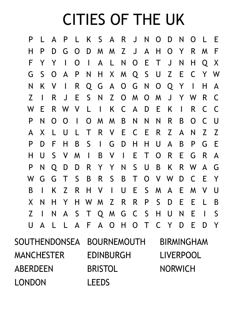 CITIES OF THE UK Word Search