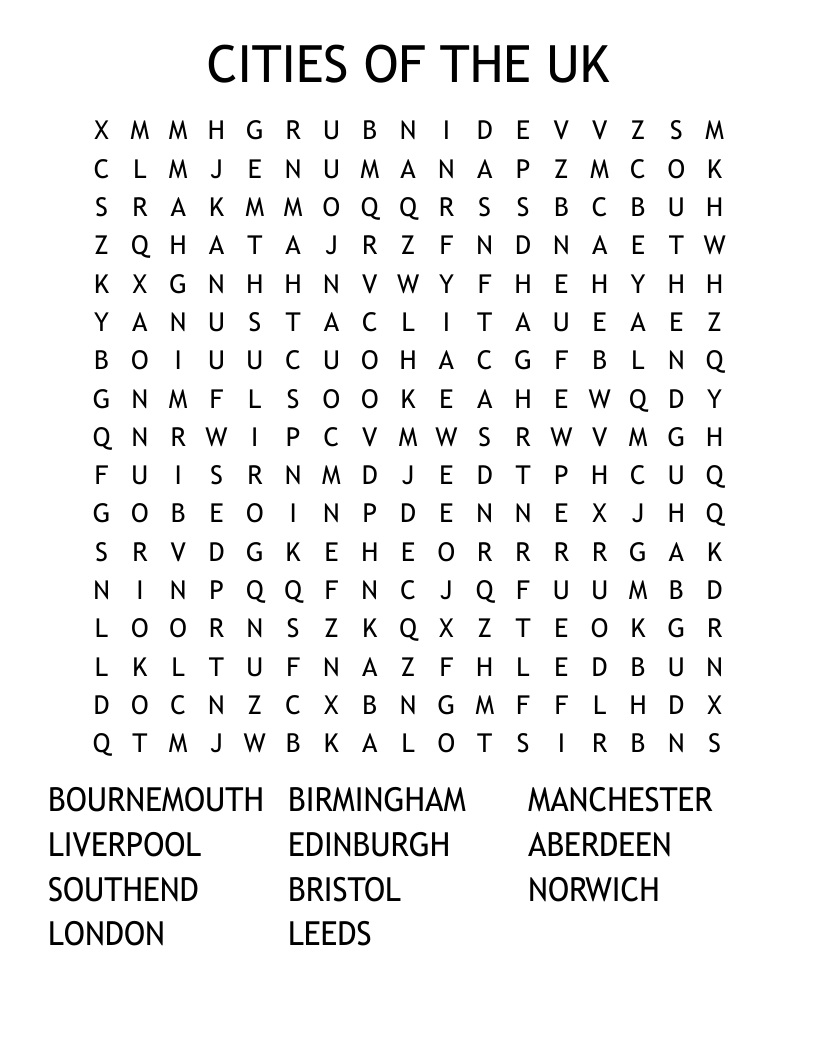 CITIES OF THE UK Word Search