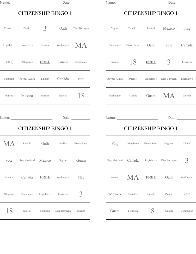 CITIZENSHIP BINGO 1