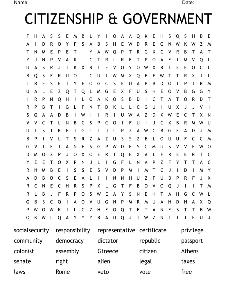 CITIZENSHIP & GOVERNMENT Word Search