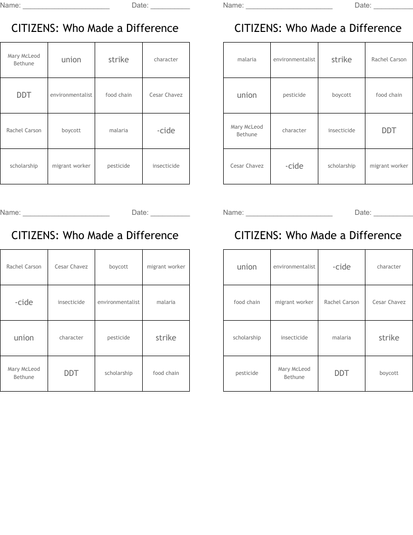 CITIZENS: Who Made a Difference Bingo Cards