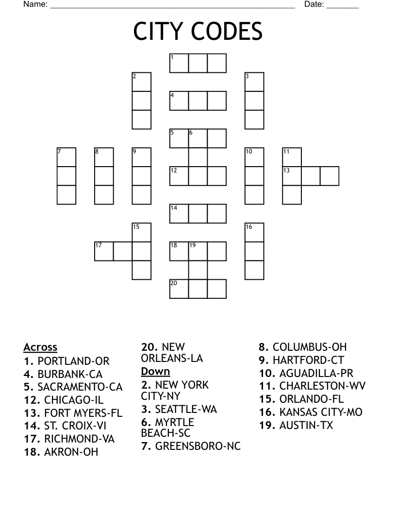 CITY CODES Crossword
