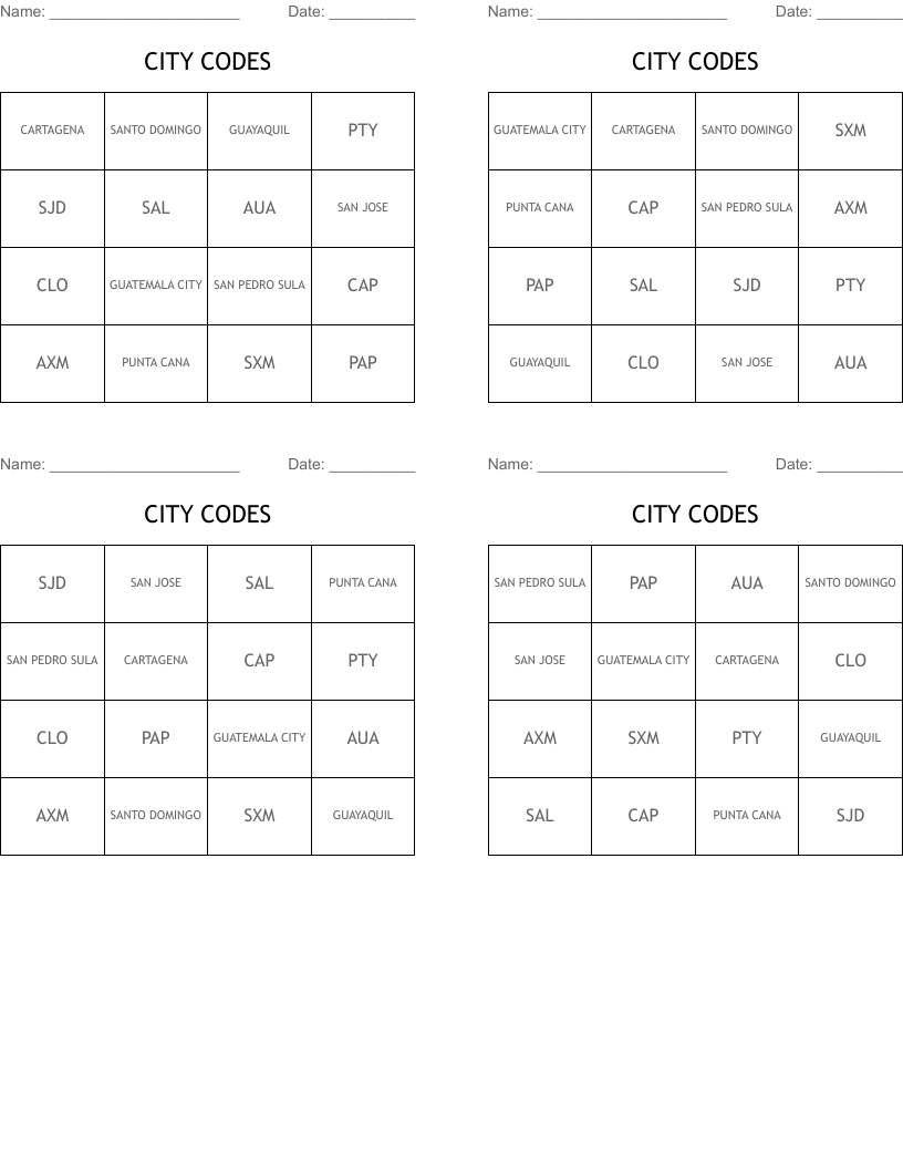 CITY CODES Bingo Cards