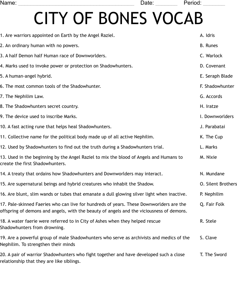 CITY OF BONES VOCAB Worksheet