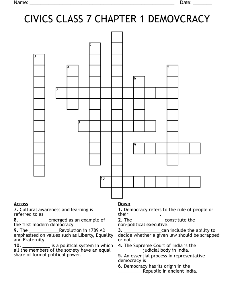 CIVICS CLASS 7 CHAPTER 1 DEMOVCRACY Crossword