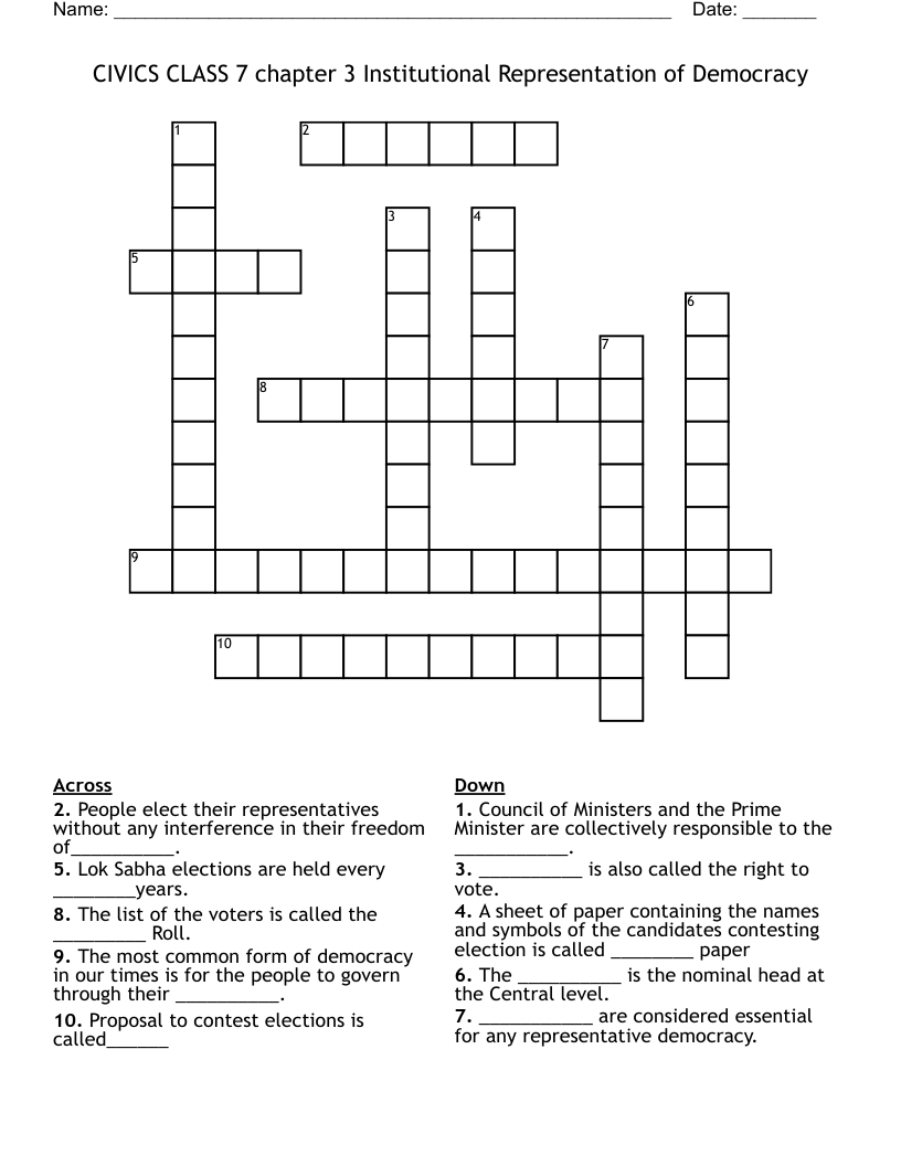 CIVICS CLASS 7 chapter 3 Institutional Representation of Democracy Crossword