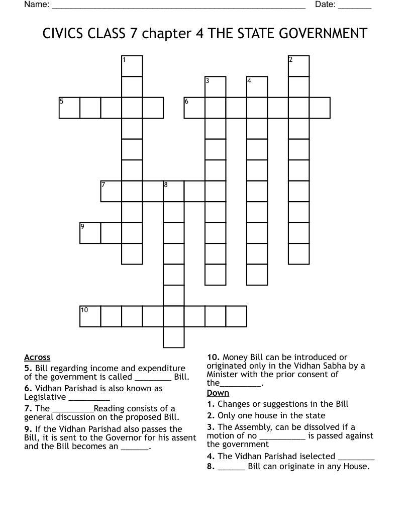 CIVICS CLASS 7 chapter 4 THE STATE GOVERNMENT Crossword