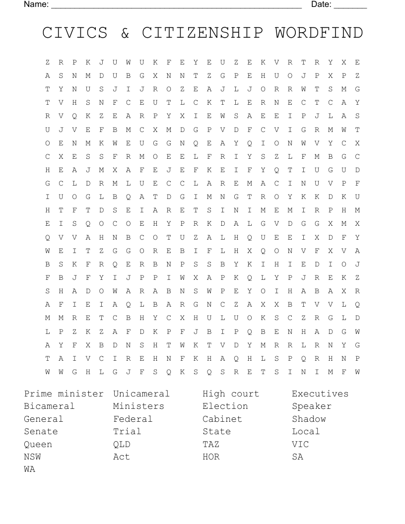 CIVICS & CITIZENSHIP WORDFIND Word Search