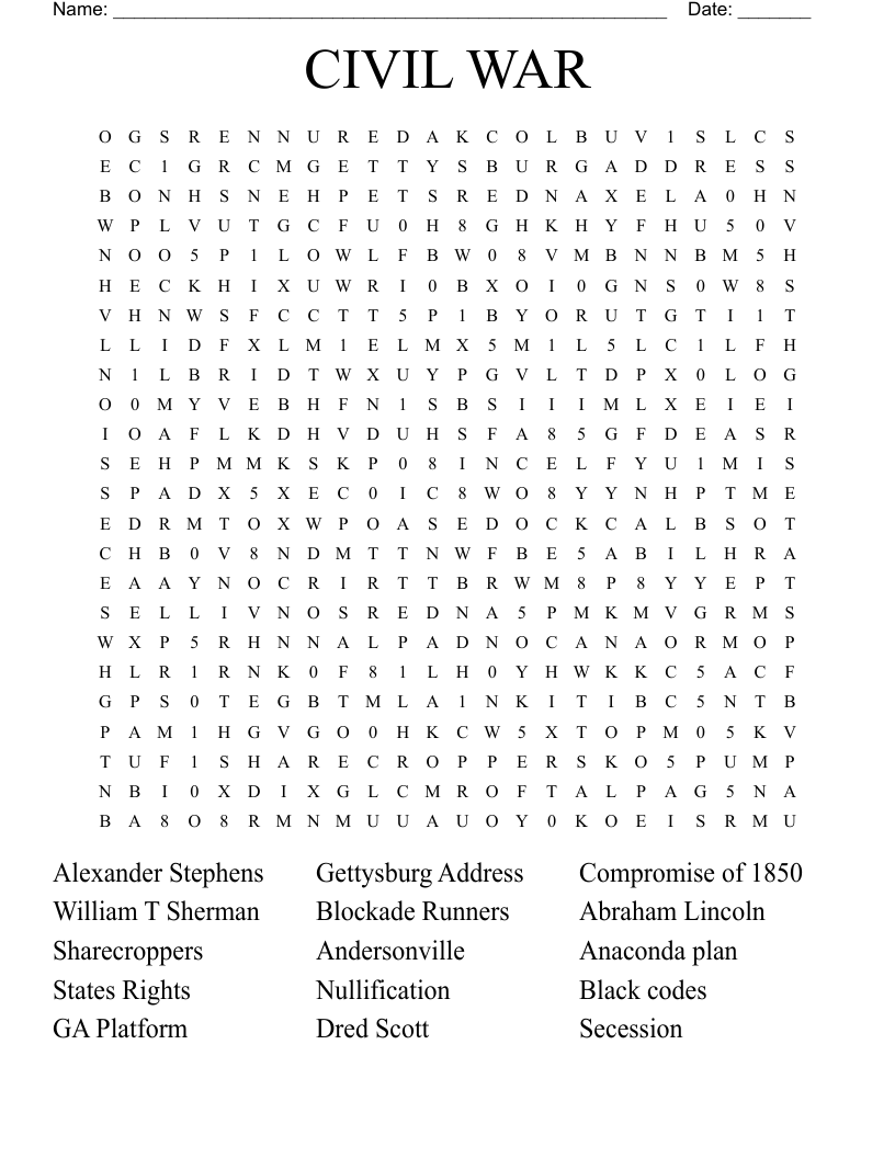 CIVIL WAR Word Search