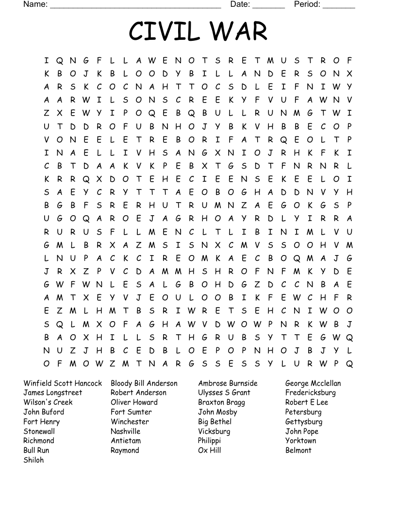 CIVIL WAR Word Search