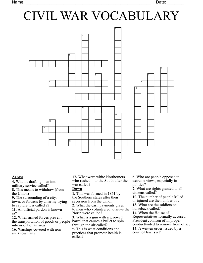 CIVIL WAR VOCABULARY Crossword
