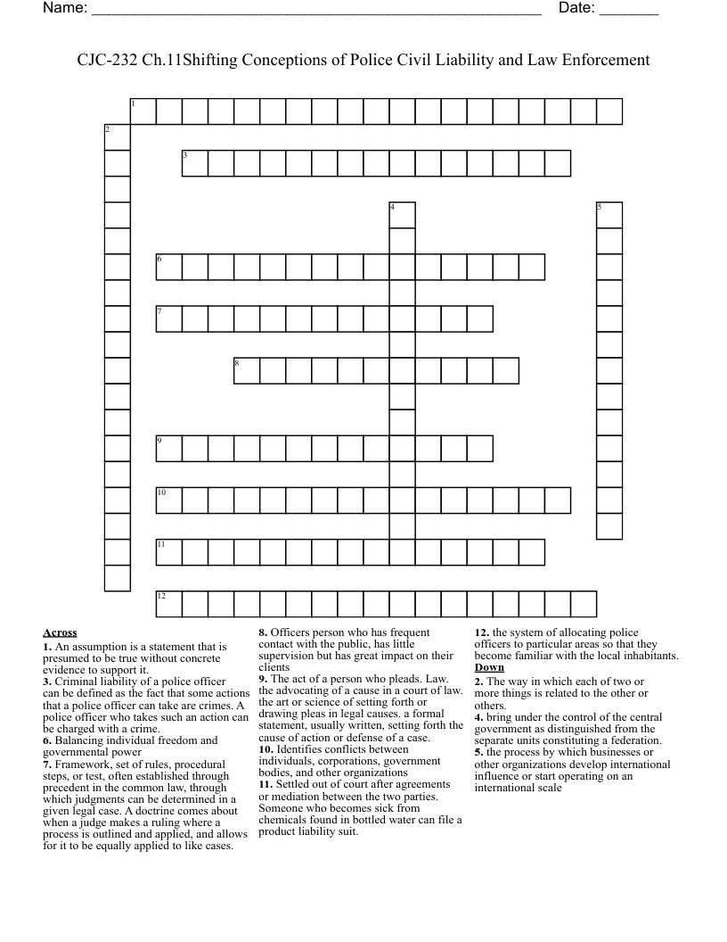 CJC-232 Ch.11Shifting Conceptions of  Police Civil Liability and Law Enforcement Crossword