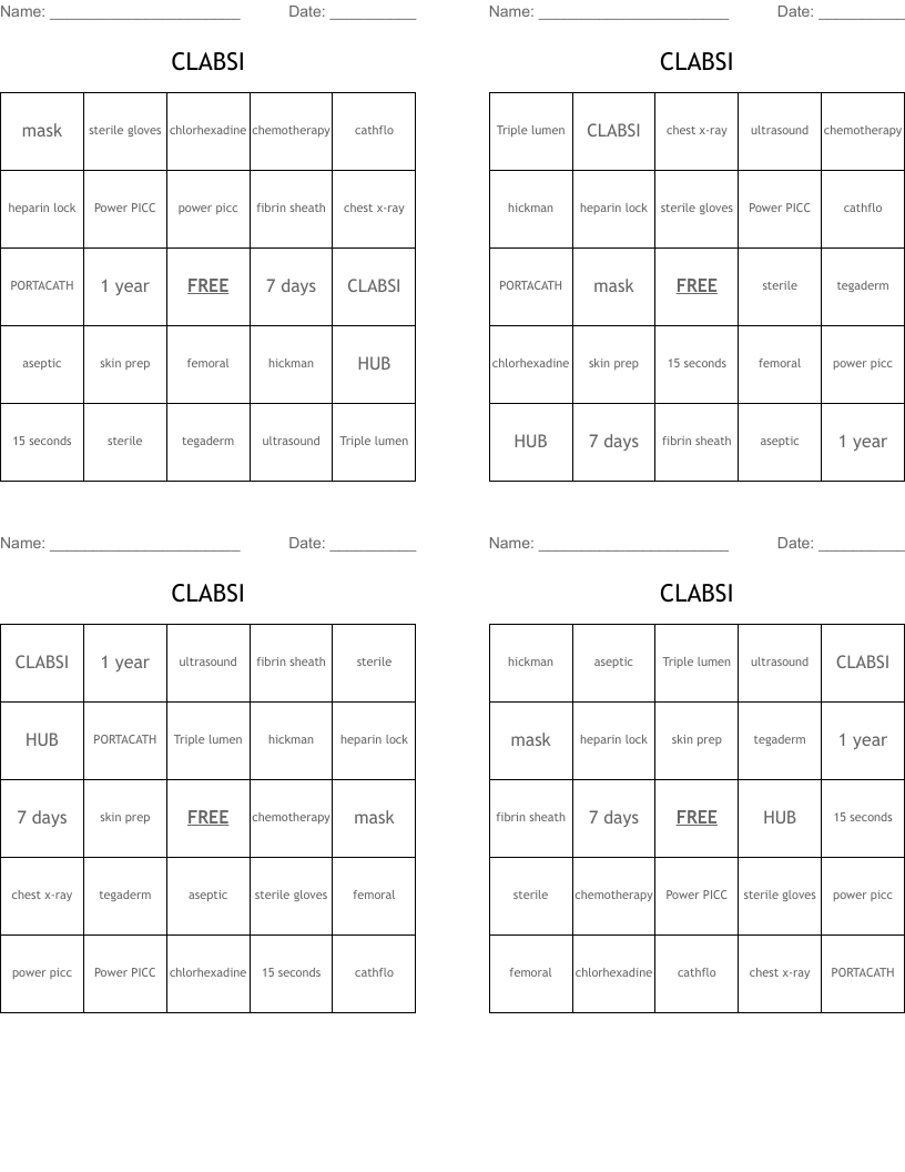 CLABSI Bingo Cards