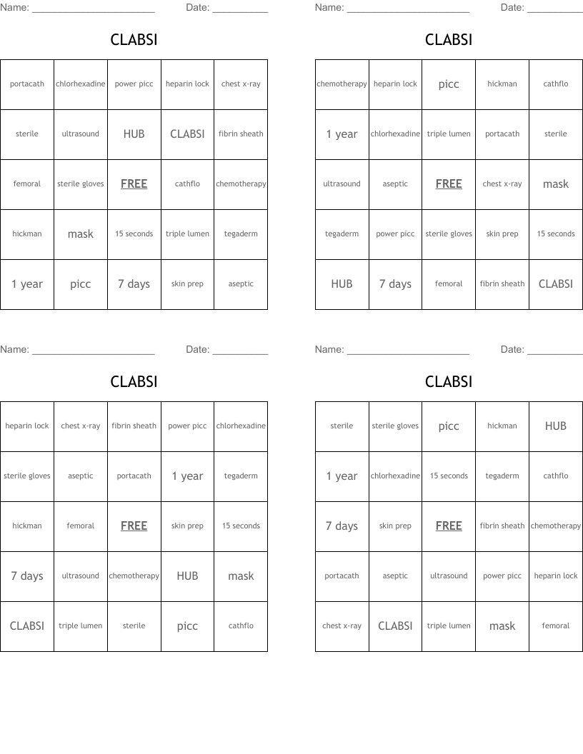CLABSI Bingo Cards