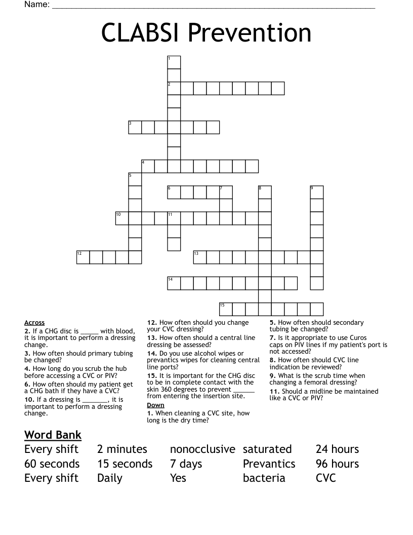 CLABSI Prevention Crossword