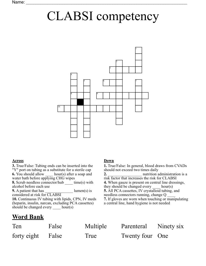 CLABSI competency Crossword