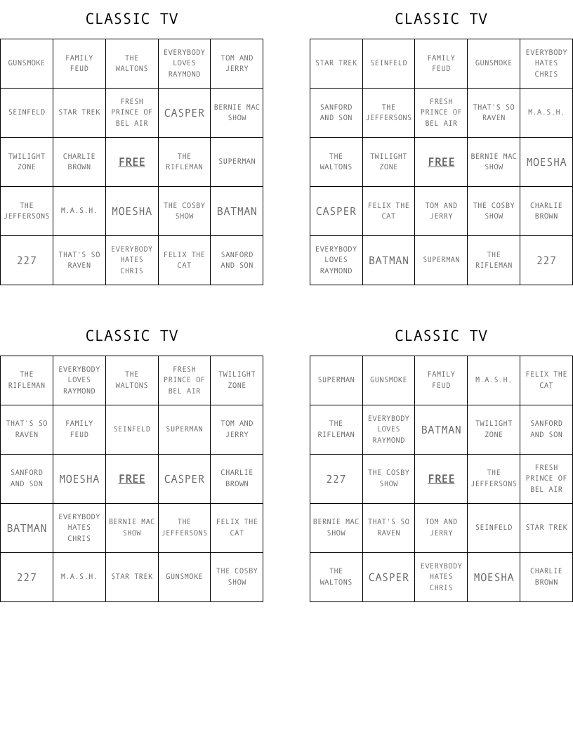 CLASSIC TV Bingo Cards