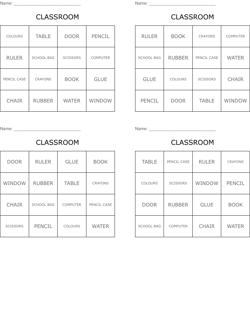 CLASSROOM Bingo Cards