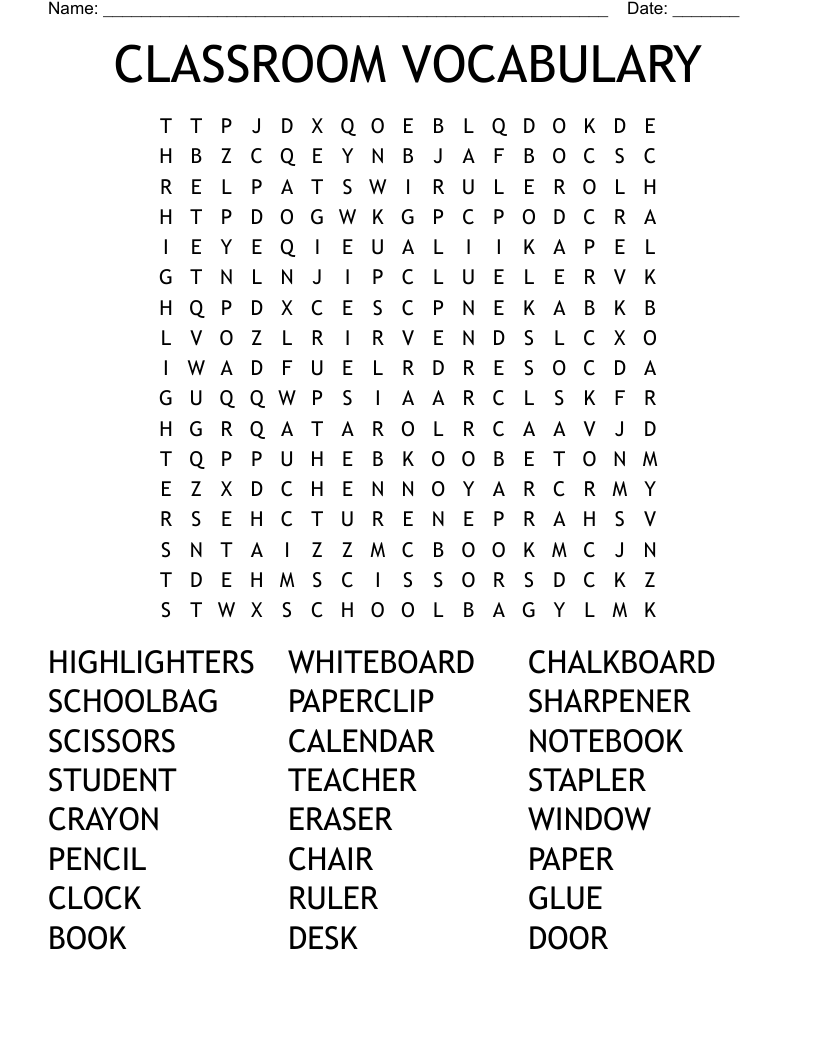 CLASSROOM VOCABULARY Word Search