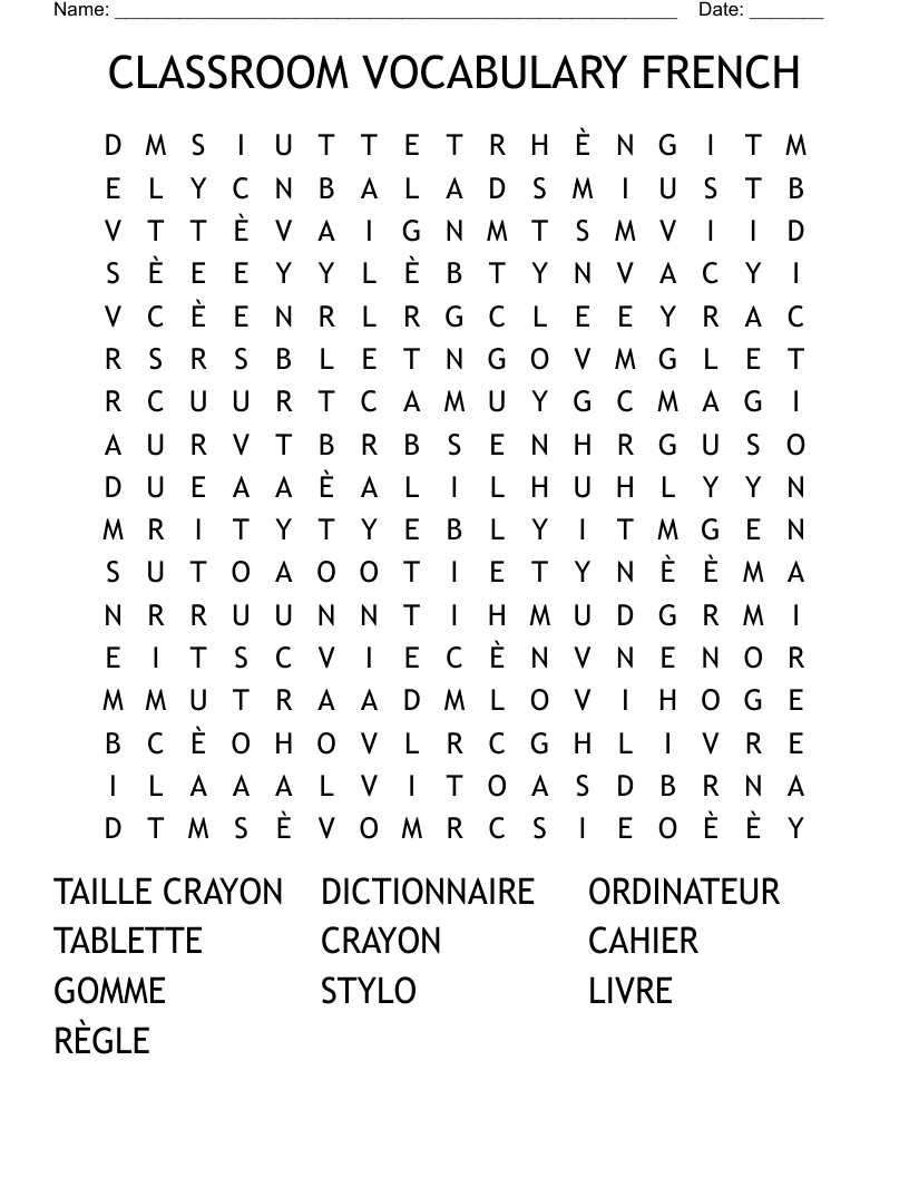 CLASSROOM  VOCABULARY  FRENCH Word Search