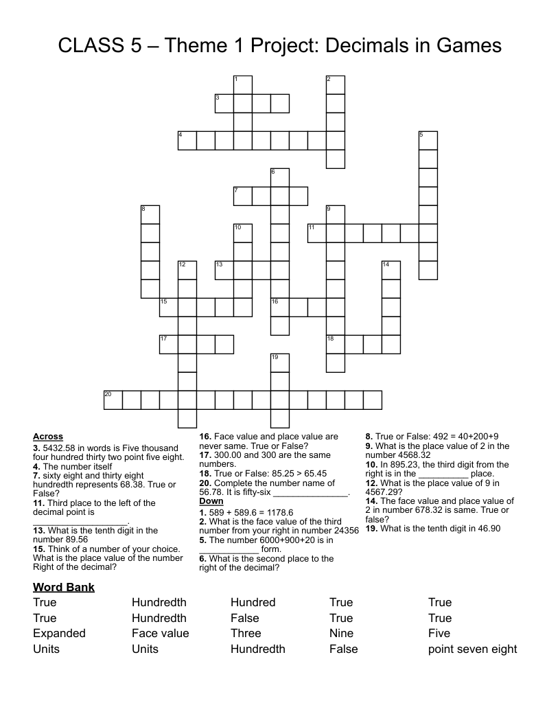 CLASS 5 – Theme 1 Project: Decimals in Games Crossword