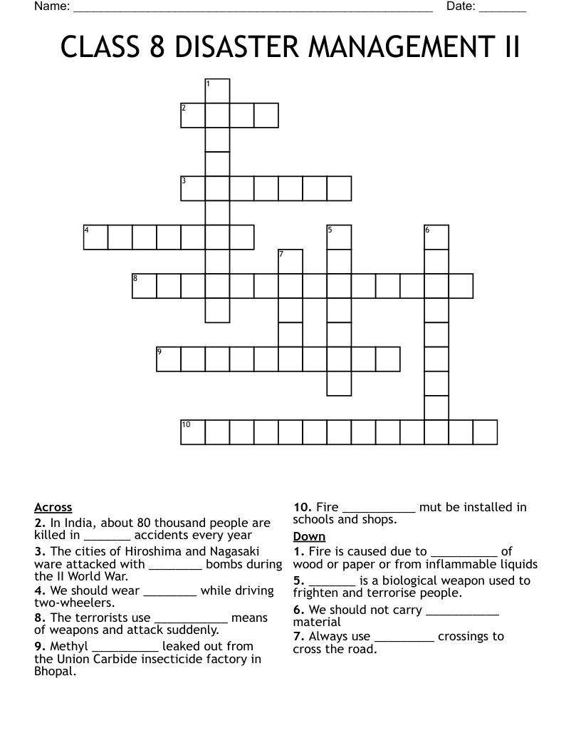 CLASS 8 DISASTER MANAGEMENT II Crossword