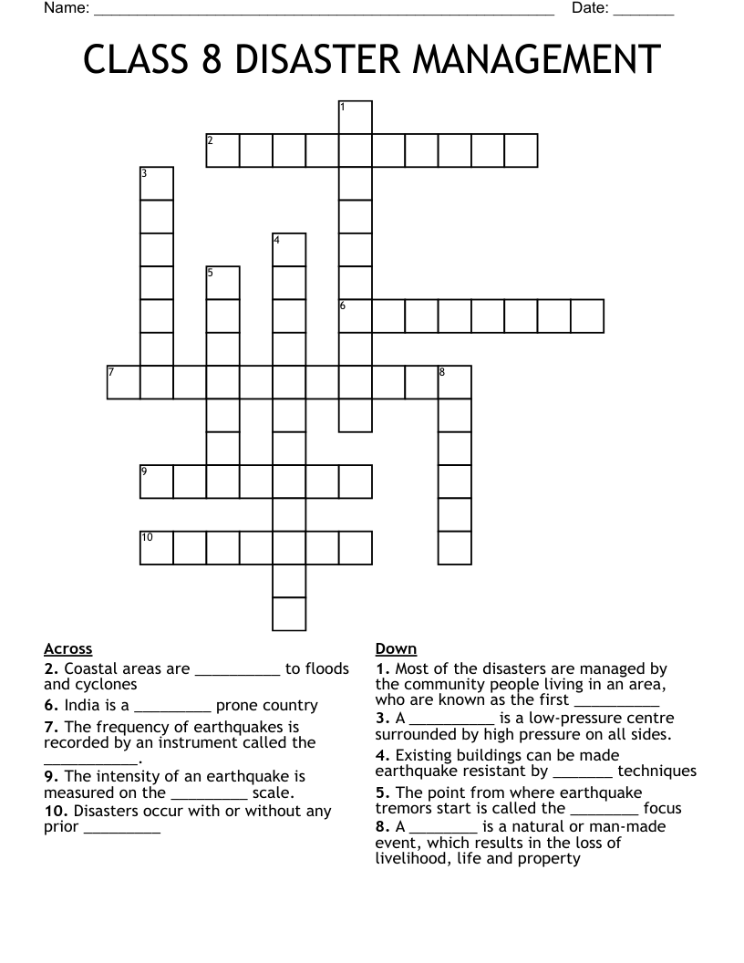 CLASS 8 DISASTER MANAGEMENT  Crossword