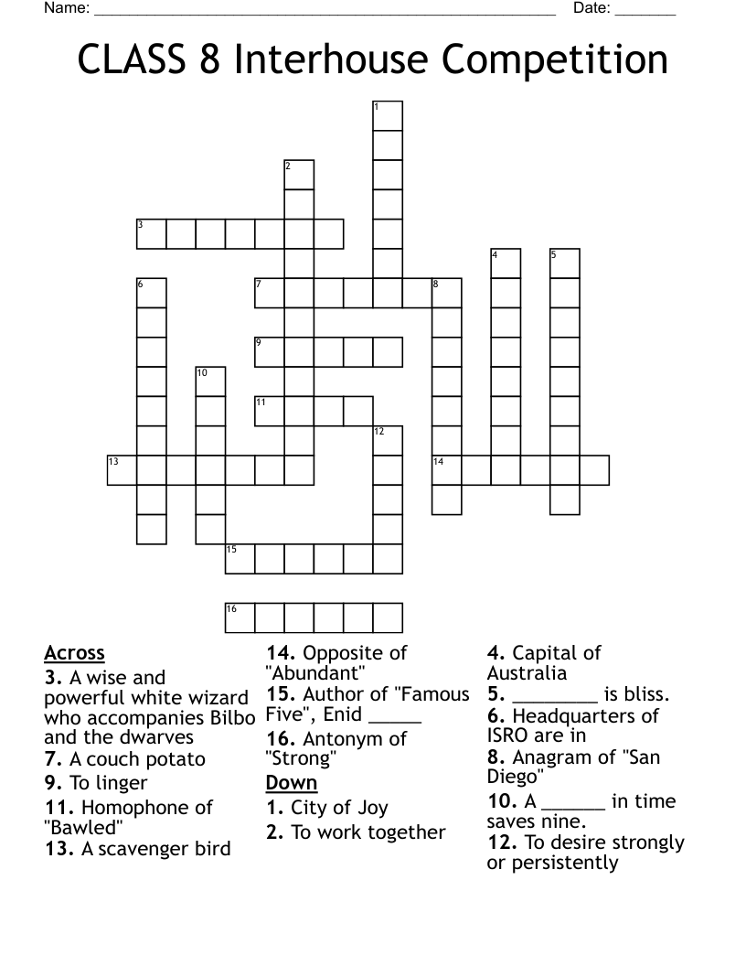CLASS 8 Interhouse Competition Crossword