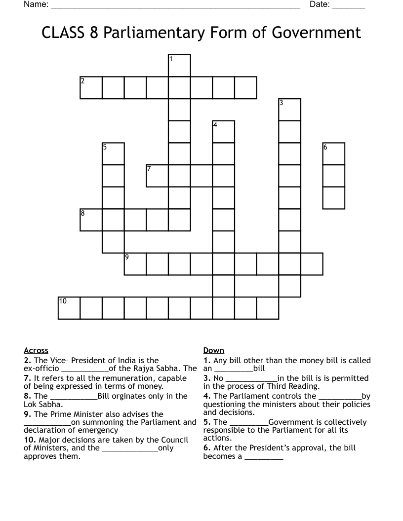 CLASS 8 Parliamentary Form of Government Crossword