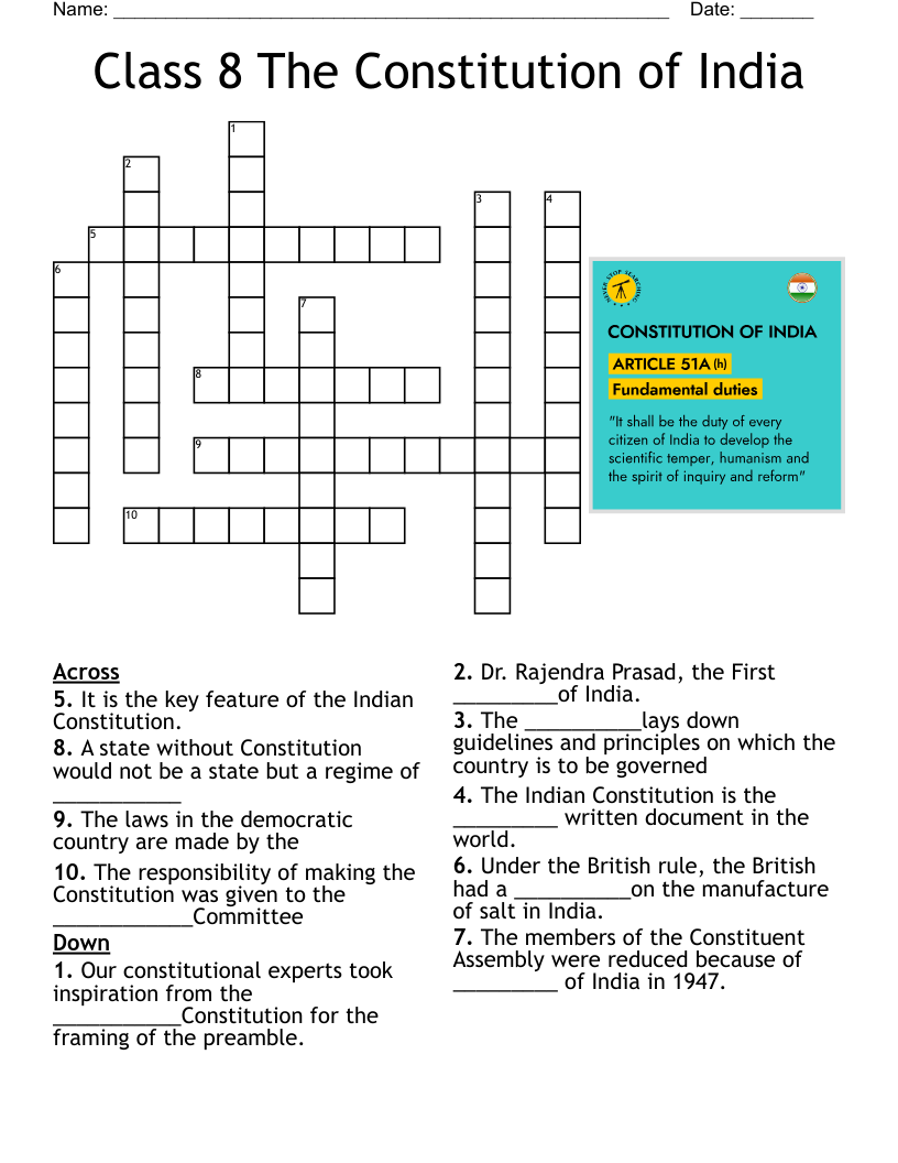 Class 8 The Constitution of India Crossword