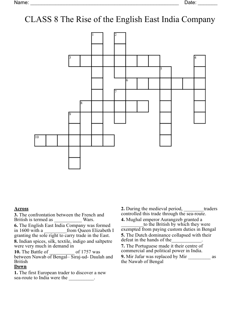 CLASS 8 The Rise of the English East India Company Crossword