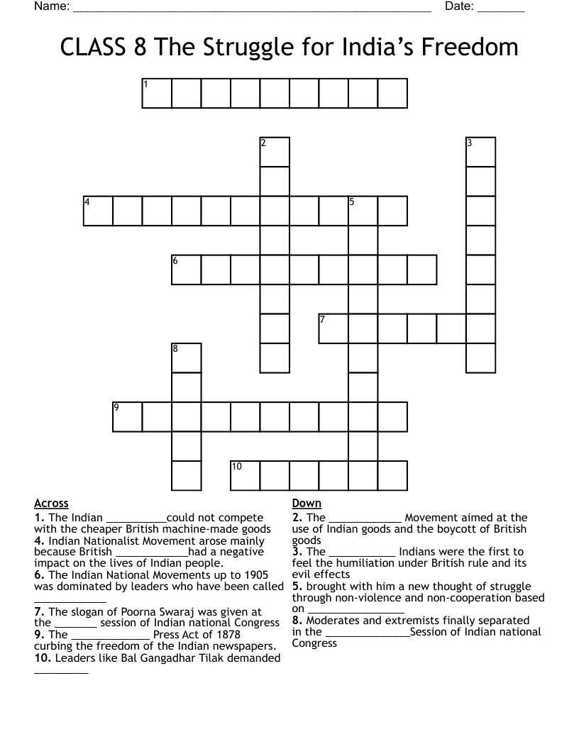 CLASS 8 The Struggle for India’s Freedom Crossword