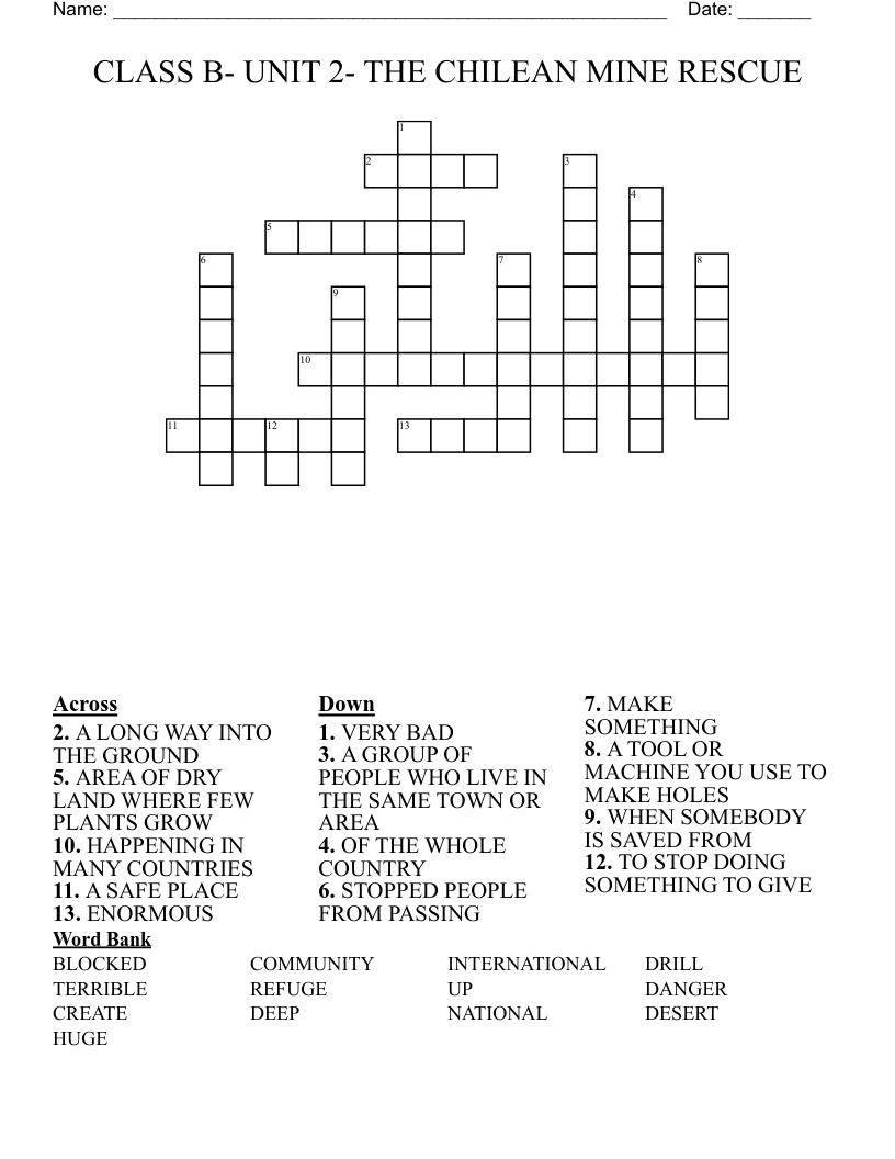 CLASS B- UNIT 2- THE CHILEAN MINE RESCUE Crossword