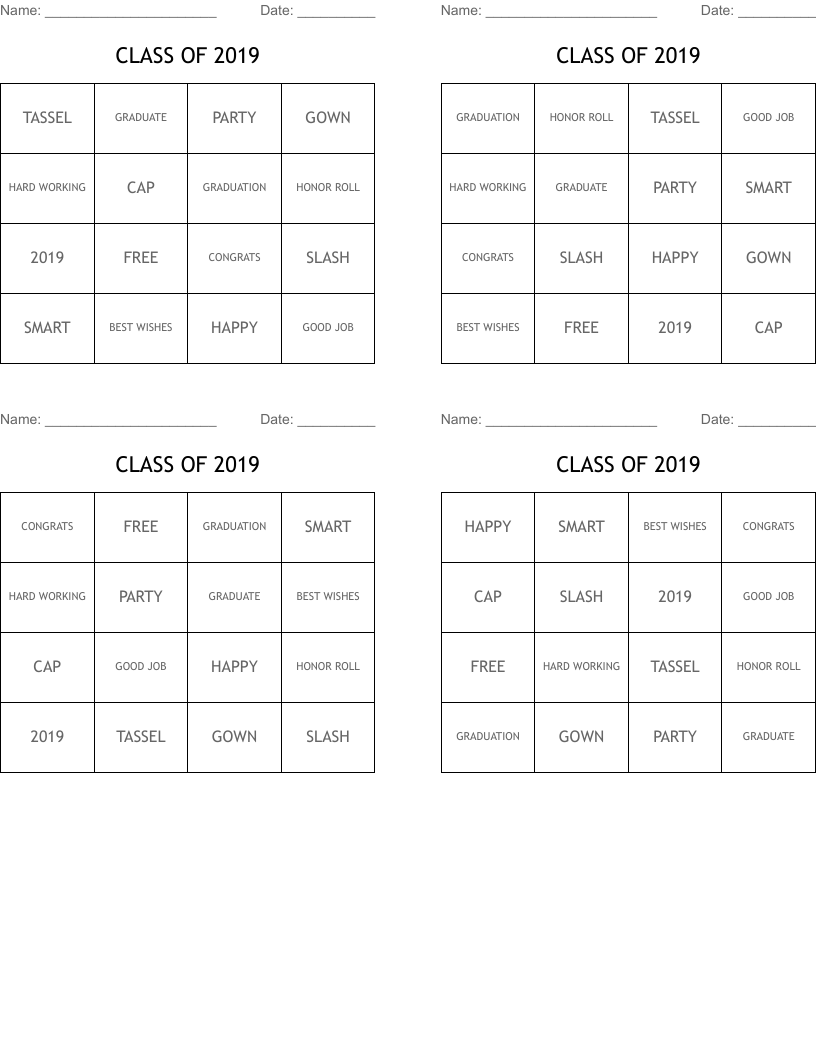 CLASS OF 2019 Bingo Cards