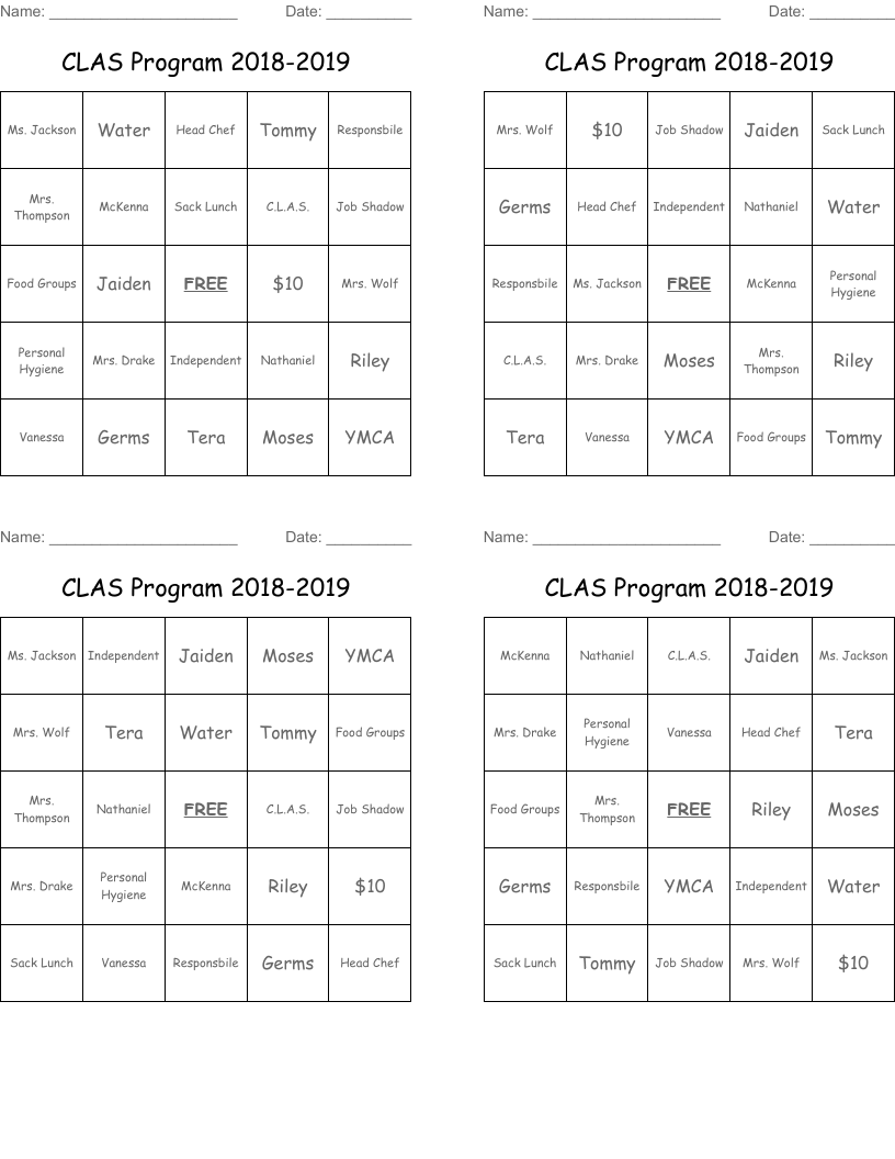 CLAS Program 2018-2019 Bingo Cards
