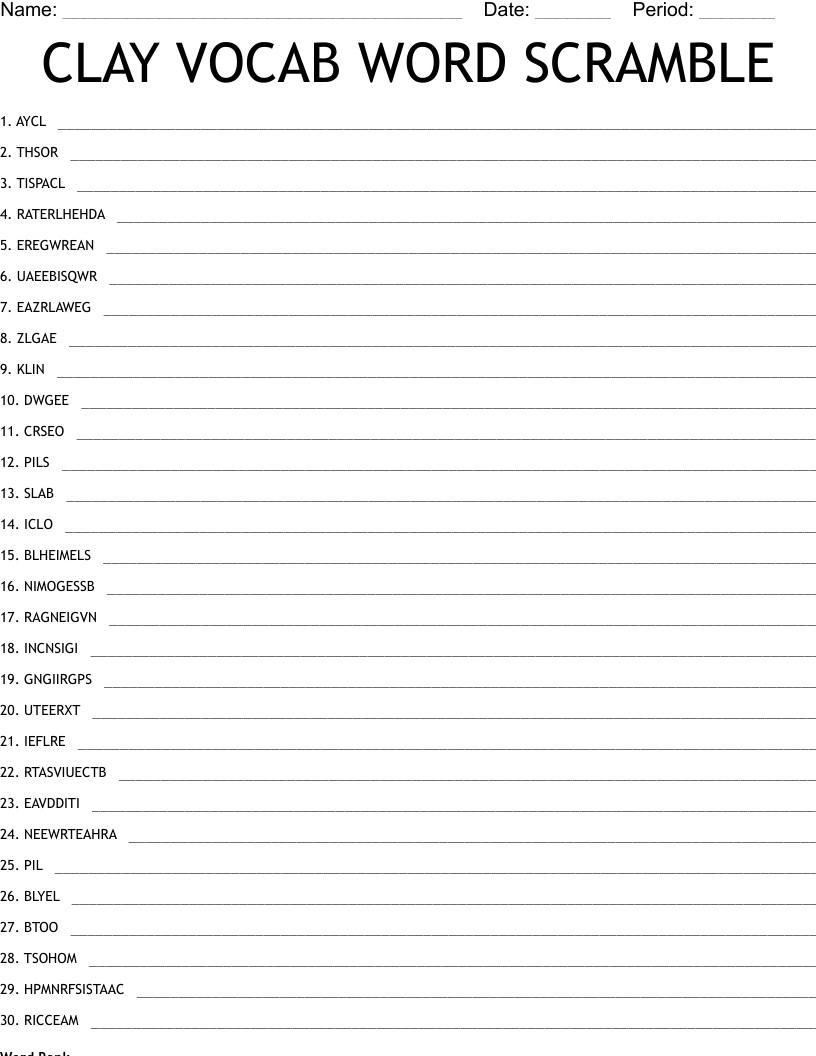 CLAY VOCAB WORD SCRAMBLE