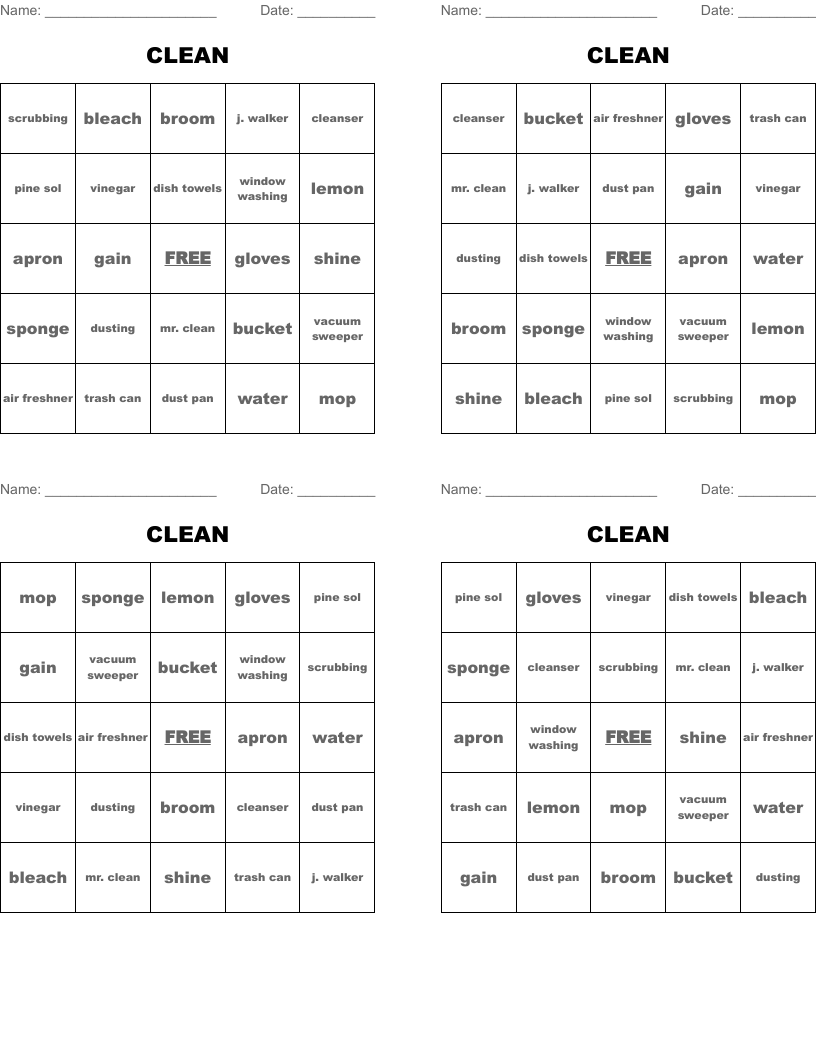CLEAN Bingo Cards