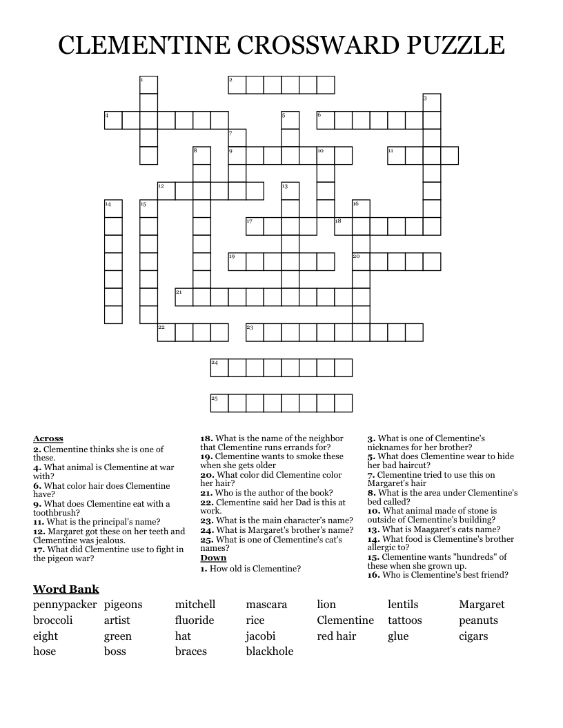 CLEMENTINE CROSSWARD PUZZLE Crossword