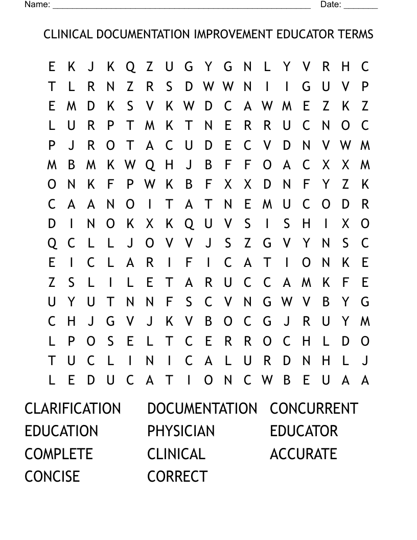 CLINICAL DOCUMENTATION IMPROVEMENT EDUCATOR TERMS Word Search