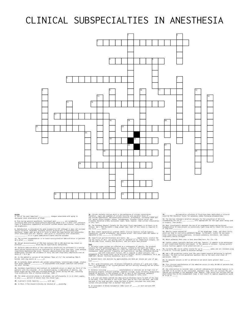 CLINICAL SUBSPECIALTIES IN ANESTHESIA Crossword