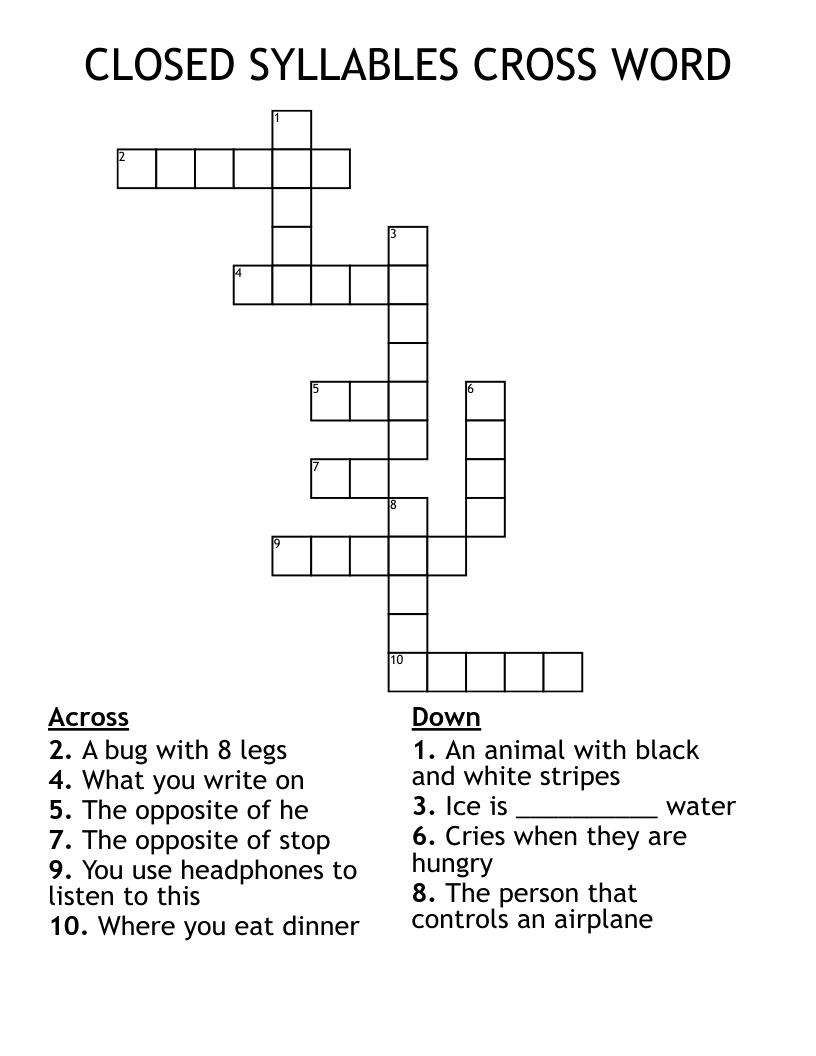 CLOSED SYLLABLES CROSS WORD
