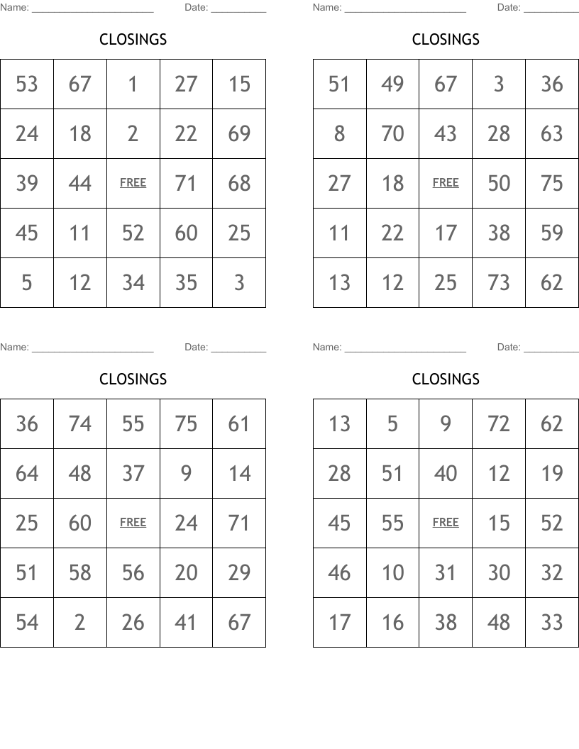 CLOSINGS Bingo Cards