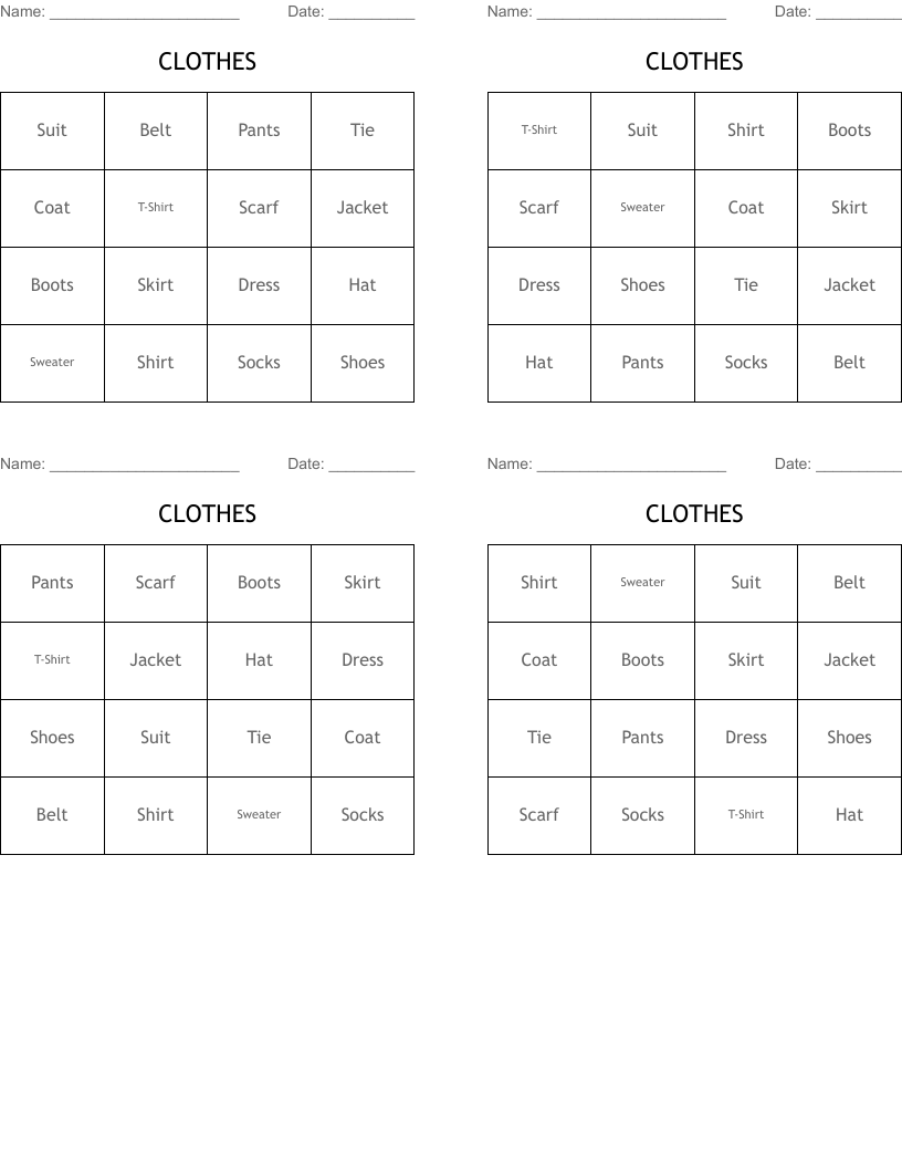 CLOTHES Bingo Cards