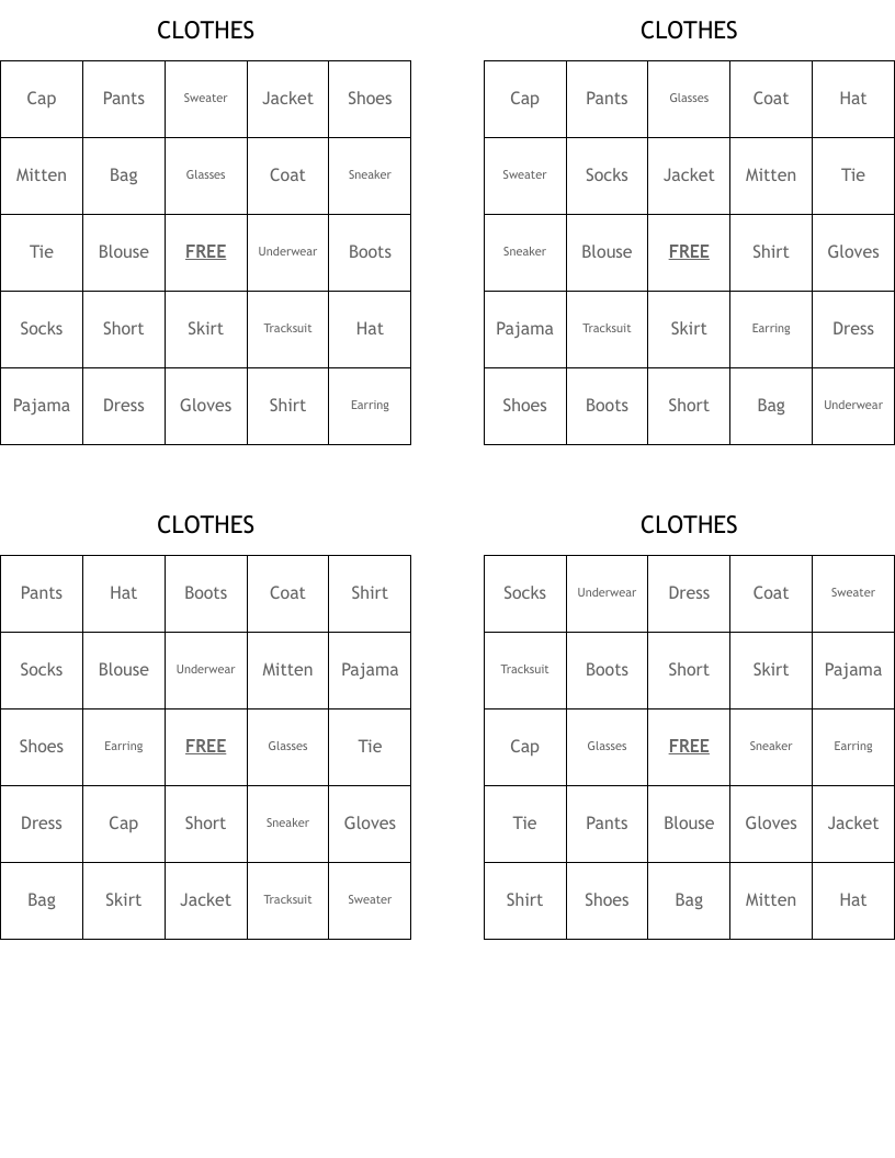 CLOTHES Bingo Cards
