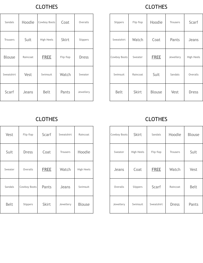 CLOTHES Bingo Cards
