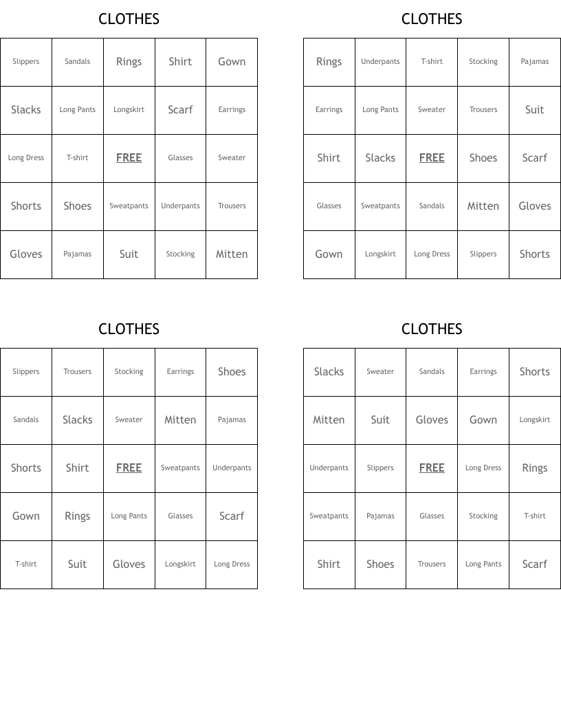 CLOTHES  Bingo Cards