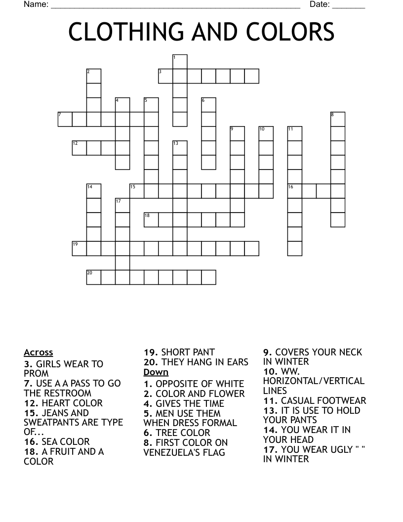 CLOTHING AND COLORS Crossword