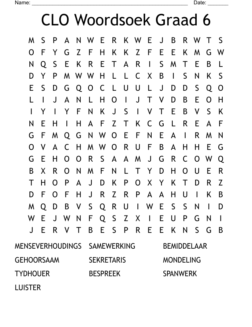CLO Woordsoek Graad 6  Word Search