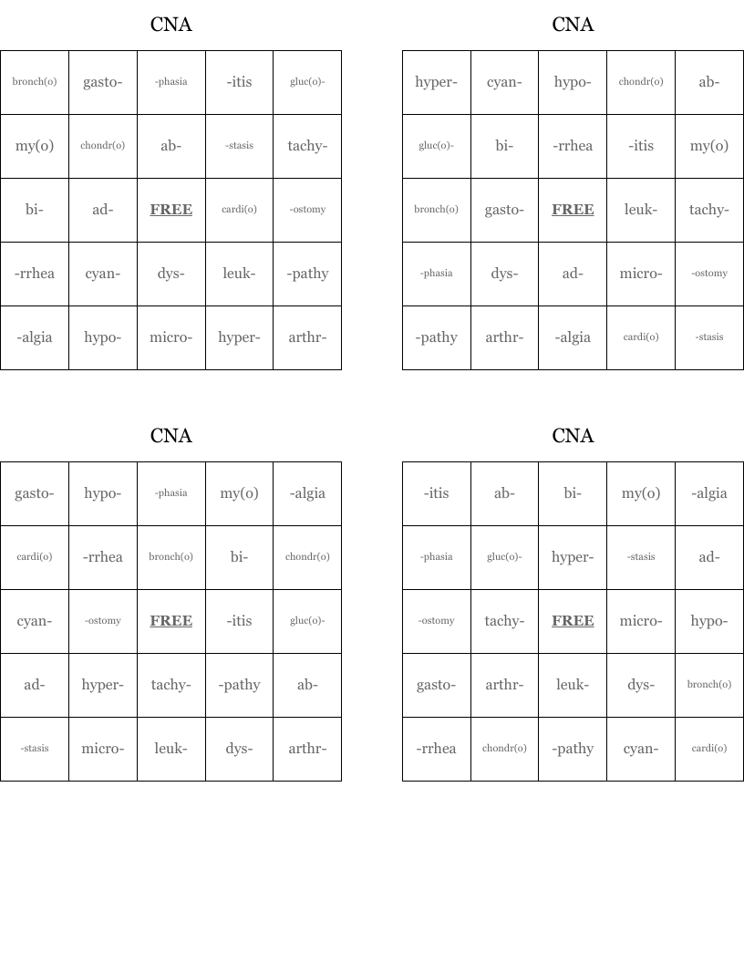 CNA Bingo Cards